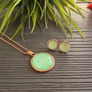 Csillogó menta zöld - rosegold nemesacél medálos nyaklánc és fülbevaló szett, Ékszer, Ékszerszett, Ékszerkészítés, MESKA