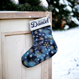 Névre szóló mikulás csizma, kék-fehér-arany színben, Karácsony, Mikulás, Mikulás zsák, Varrás, MESKA
