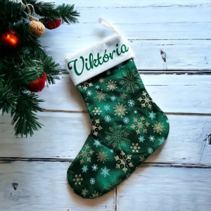 Névre szóló mikulás csizma, zöld-fehér-arany színben, Karácsony, Mikulás, Mikulás zsák, Varrás, MESKA