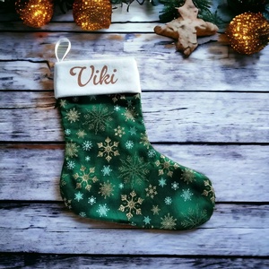 Névre szóló mikulás csizma, zöld-fehér-arany színben - karácsony - mikulás - mikulás zsák - Meska.hu