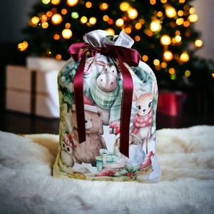 Karácsonyi zsák, erdei állatokkal, kifordítható, XL méret, Karácsony, Karácsonyi ajándékozás, Karácsonyi ajándékcsomagolás, Varrás, MESKA