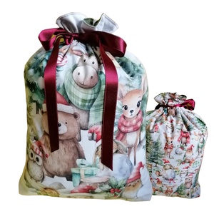 Karácsonyi zsák, erdei állatokkal, kifordítható, XL méret - karácsony - karácsonyi ajándékozás - karácsonyi ajándékcsomagolás - Meska.hu