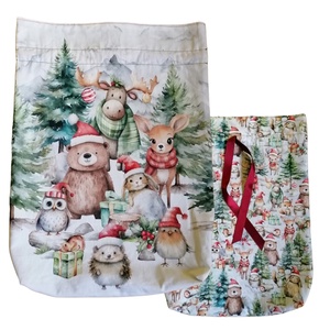 Karácsonyi zsák, erdei állatokkal, kifordítható, XL méret - karácsony - karácsonyi ajándékozás - karácsonyi ajándékcsomagolás - Meska.hu