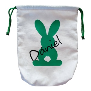 Névre szóló húsvéti zsák, zöld nyuszival, zsinórral - otthon & életmód - papír, írószer - ajándékozás kellékei - ajándékzsák, csomagolás - Meska.hu