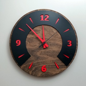 Modern falióra  fából készült, fekete design piros számokkal, 28 cm, Otthon & Életmód, Dekoráció, Fali és függő dekoráció, Falióra & óra, Famegmunkálás, MESKA