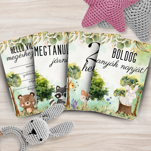 Erdei állatok kisfiú - baba mérföldkő kártyacsomag (kétoldalas), Művészet, Grafika & Illusztráció, Digitális, Fotó, grafika, rajz, illusztráció, MESKA