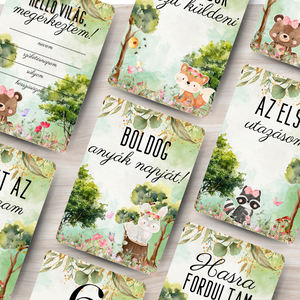 Erdei állatok kislány - baba mérföldkő kártyacsomag (kétoldalas), Művészet, Grafika & Illusztráció, Digitális, Fotó, grafika, rajz, illusztráció, MESKA