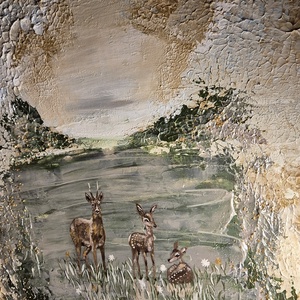 50x70cm Félabsztrakt festmény őzikés, kövekkel - művészet - festmény - akril - Meska.hu