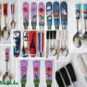 felnőtt méretű színes evőeszköz készlet -  fehér virágokkal -  - Meska.hu