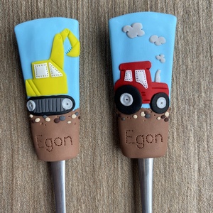 Gyerek evőeszköz szett 2 méretben - munkagépek, autók - otthon & életmód - konyhafelszerelés, tálalás - tálalás - kanál & villa - Meska.hu