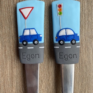 Gyerek evőeszköz szett 2 méretben - munkagépek, autók - otthon & életmód - konyhafelszerelés, tálalás - tálalás - kanál & villa - Meska.hu