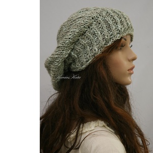 BEANIE - trendi kézzel kötött zöld len sapka - ruha & divat - sál, sapka, kendő - sapka - Meska.hu