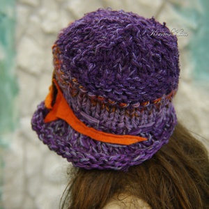 CLOCHE-ART - extravagáns kézzel kötött kalap, sapka /  lila-narancs - ruha & divat - sál, sapka, kendő - sapka - Meska.hu