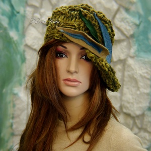 CLOCHE-ART - extravagáns kézzel kötött kalap, sapka / olív - ruha & divat - sál, sapka, kendő - sapka - Meska.hu