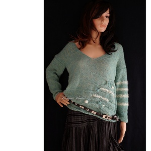 BARKA-PULCSI - kézzel kötött extravagáns artsy-design akril pulóver / zöld - ruha & divat - női ruha - pulóver - Meska.hu