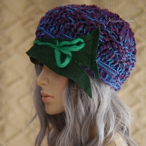 CLOCHE-ART - kézzel kötött kalap / lila-zöld  - ruha & divat - sál, sapka, kendő - sapka - Meska.hu