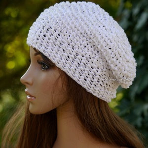 BEANIE / alma - trendi kézzel kötött pamut sapka / fehér  - Meska.hu