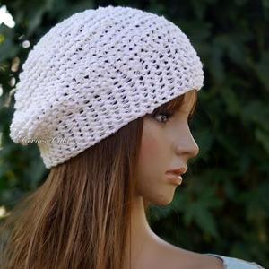 BEANIE / alma - trendi kézzel kötött pamut sapka / fehér  - ruha & divat - sál, sapka, kendő - sapka - Meska.hu