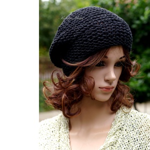 BEANIE / alma - trendi kézzel kötött pamut sapka / fekete - ruha & divat - sál, sapka, kendő - sapka - Meska.hu