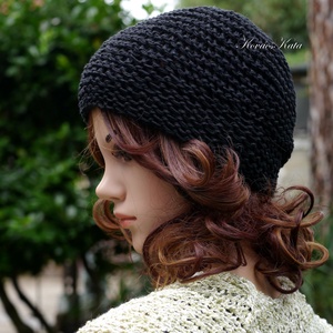 BEANIE / alma - trendi kézzel kötött pamut sapka / fekete - Meska.hu
