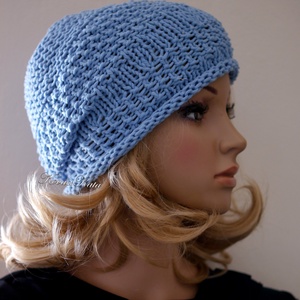 BEANIE / körte - trendi kézzel kötött-pamut sapka /égkék - Meska.hu