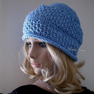 BEANIE / körte - trendi kézzel kötött-pamut sapka /égkék - ruha & divat - sál, sapka, kendő - sapka - Meska.hu
