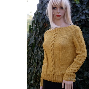 BABETTE - exkluzív kézzel kötött merino-pamut design pulóver / okker  - ruha & divat - női ruha - pulóver - Meska.hu