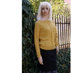 BABETTE - exkluzív kézzel kötött merino-pamut design pulóver / okker  - ruha & divat - női ruha - pulóver - Meska.hu