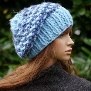 SZILVI-SAPI / chunky beanie - trendi kézzel kötött gyapjú sapka / kékek, Ruha & Divat, Sál, Sapka, Kendő, Sapka, Kötés, MESKA