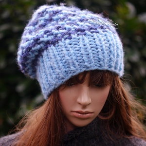 SZILVI-SAPI / chunky beanie - trendi kézzel kötött gyapjú sapka / kékek - ruha & divat - sál, sapka, kendő - sapka - Meska.hu