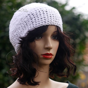BEANIE/fehér - trendi kézzel kötött pamut sapka - ruha & divat - sál, sapka, kendő - sapka - Meska.hu