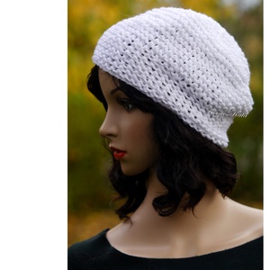 BEANIE/fehér - trendi kézzel kötött pamut sapka - ruha & divat - sál, sapka, kendő - sapka - Meska.hu
