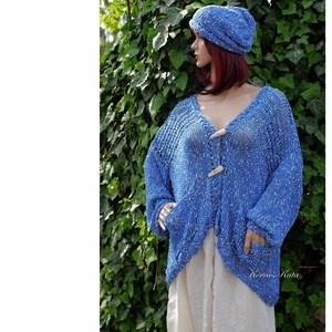 EDINA - kézzel kötött pamut kardigán, pulóver / kék - ruha & divat - női ruha - pulóver - Meska.hu