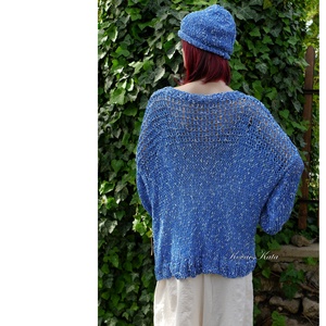 EDINA - kézzel kötött pamut kardigán, pulóver / kék - ruha & divat - női ruha - pulóver - Meska.hu