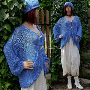 EDINA - kézzel kötött pamut kardigán, pulóver / kék - ruha & divat - női ruha - pulóver - Meska.hu