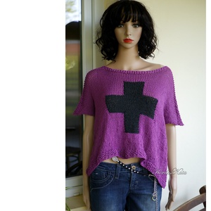 CROSS COTTON MERINO - bohém kézzel kötött pulóver / püspöklila - ruha & divat - női ruha - pulóver - Meska.hu
