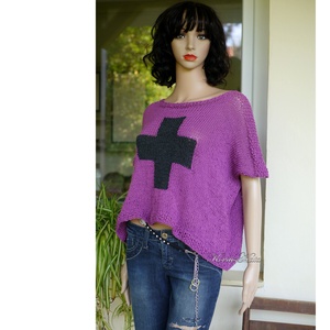 CROSS COTTON MERINO - bohém kézzel kötött pulóver / püspöklila - ruha & divat - női ruha - pulóver - Meska.hu