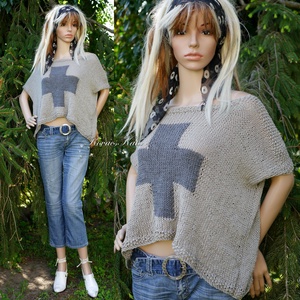CROSS COTTON MERINO - bohém kézzel kötött pulóver / bézs - ruha & divat - női ruha - pulóver - Meska.hu