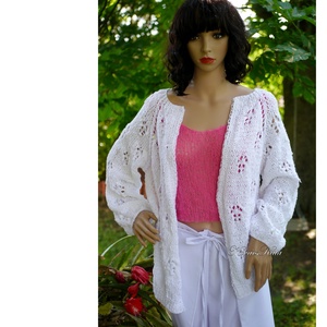 TOBY -  exkluzív kézzel kötött csipkemintás nyári  kardigán, pulóver / hófehér - ruha & divat - női ruha - pulóver - Meska.hu