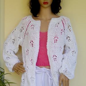 TOBY -  exkluzív kézzel kötött csipkemintás nyári  kardigán, pulóver / hófehér - ruha & divat - női ruha - pulóver - Meska.hu