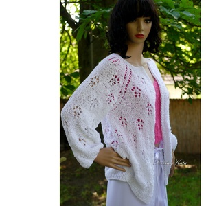 TOBY -  exkluzív kézzel kötött csipkemintás nyári  kardigán, pulóver / hófehér - ruha & divat - női ruha - pulóver - Meska.hu