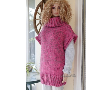 NIKIALPAKA PONCSÓ -  kézzel kötött extra-vastag maxi pulóver mellény / pink - ruha & divat - női ruha - pulóver - Meska.hu
