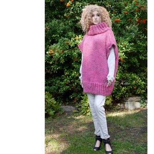 NIKIALPAKA PONCSÓ -  kézzel kötött extra-vastag maxi pulóver mellény / pink - ruha & divat - női ruha - pulóver - Meska.hu
