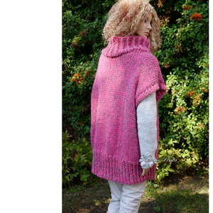 NIKIALPAKA PONCSÓ -  kézzel kötött extra-vastag maxi pulóver mellény / pink - ruha & divat - női ruha - pulóver - Meska.hu