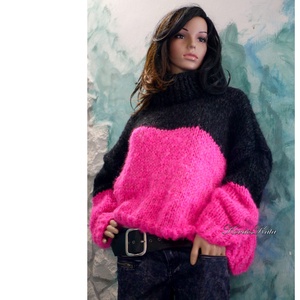 CRAZY SEXY - extravagáns kézzel kötött túlméretes pulóver  / neon-pink + fekete - ruha & divat - női ruha - pulóver - Meska.hu