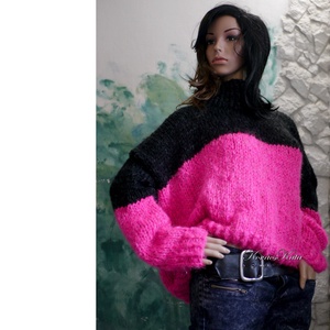 CRAZY SEXY - extravagáns kézzel kötött túlméretes pulóver  / neon-pink + fekete - ruha & divat - női ruha - pulóver - Meska.hu