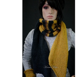 ALPAKA-SZETT / sky - exkluzív kézzel kötött alpaka sál kesztyűszárral / curry-fekete - ruha & divat - sál, sapka, kendő - sál - Meska.hu