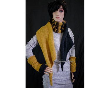ALPAKA-SZETT / sky - exkluzív kézzel kötött alpaka sál kesztyűszárral / curry-fekete - ruha & divat - sál, sapka, kendő - sál - Meska.hu