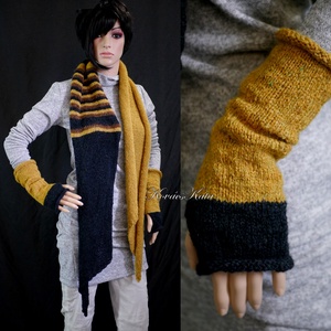 ALPAKA-SZETT / sky - exkluzív kézzel kötött alpaka sál kesztyűszárral / curry-fekete - ruha & divat - sál, sapka, kendő - sál - Meska.hu