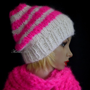 LONCI-SAPI -  kézzel kötött vastag bohém mohair sapka / pink, fehér, Ruha & Divat, Sál, Sapka, Kendő, Sapka, Kötés, MESKA